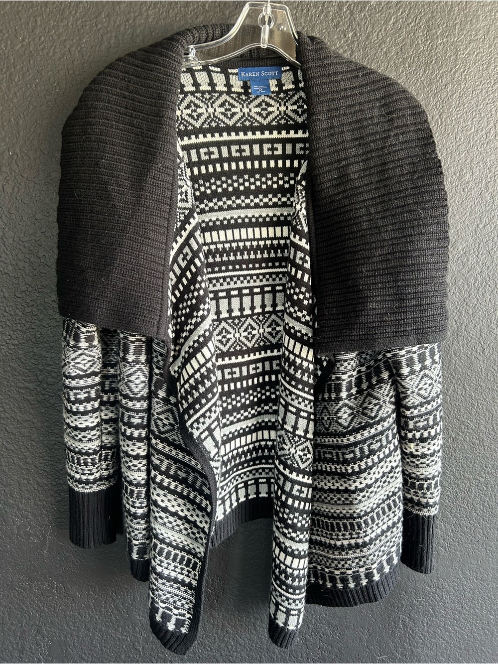 Karen Scott Black & White Fair Isle Open-Front Cardigan
